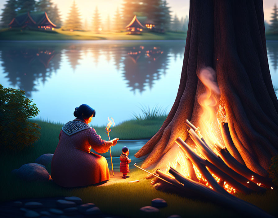 Person and child by campfire near lake at twilight with tents and tree.