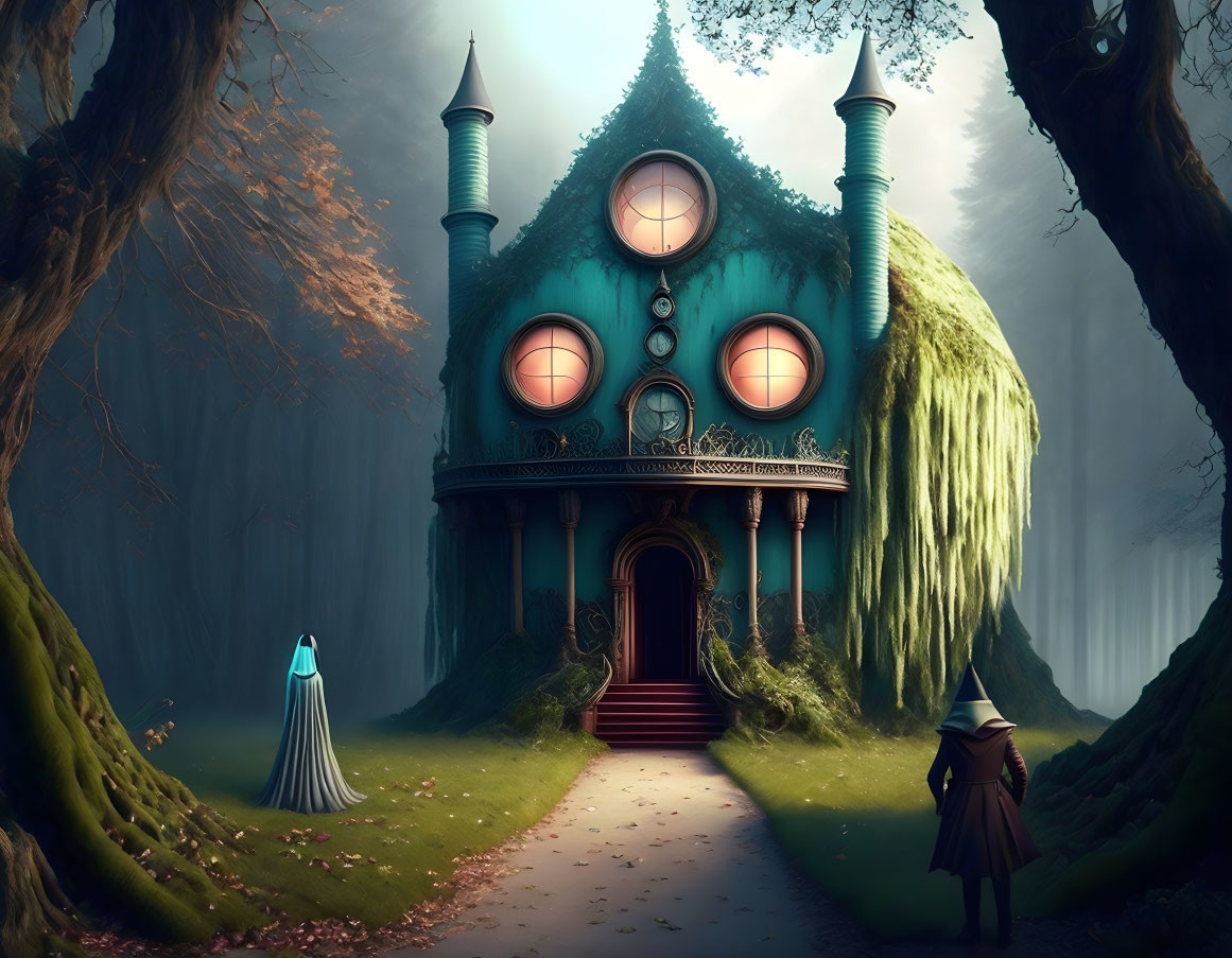 Eerie mansion in misty forest with cloaked figures