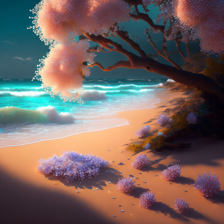 Glowing purple coral-like formations on beach with luminescent tree, dusky sky