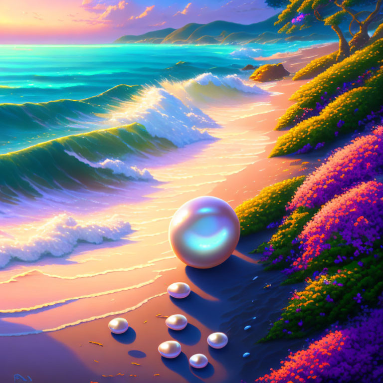 Colorful digital artwork of serene beach with reflective sphere, orbs, trees, and sunset