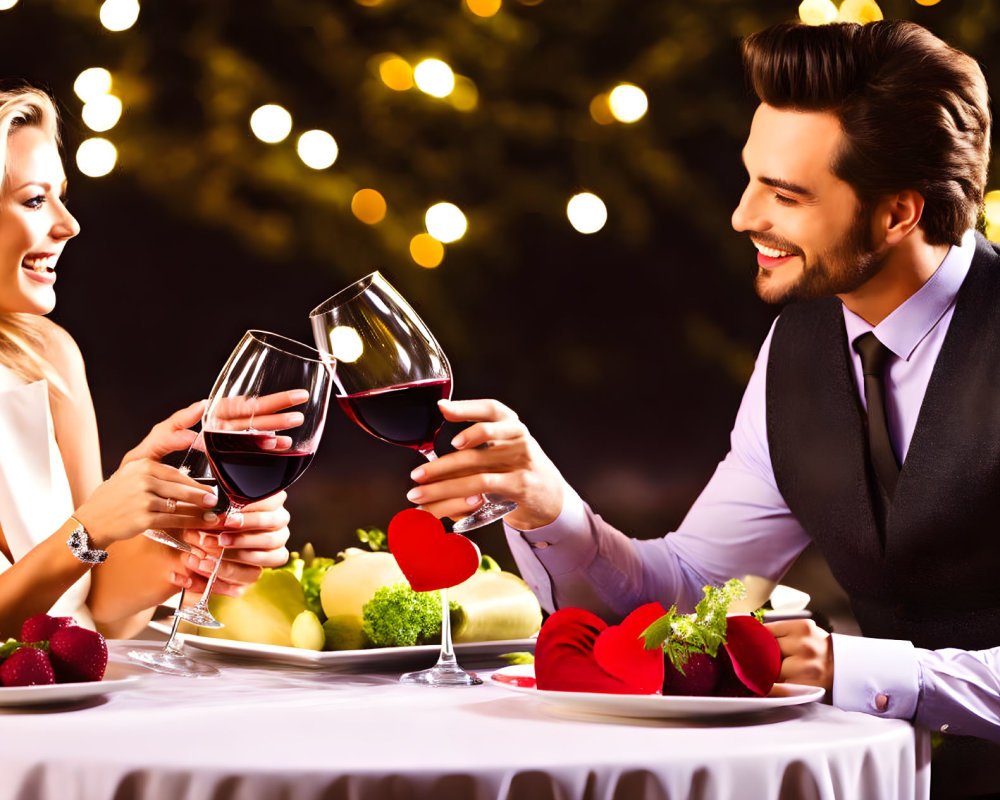 Romantic Couple Toasting with Red Wine at Elegant Dinner Table