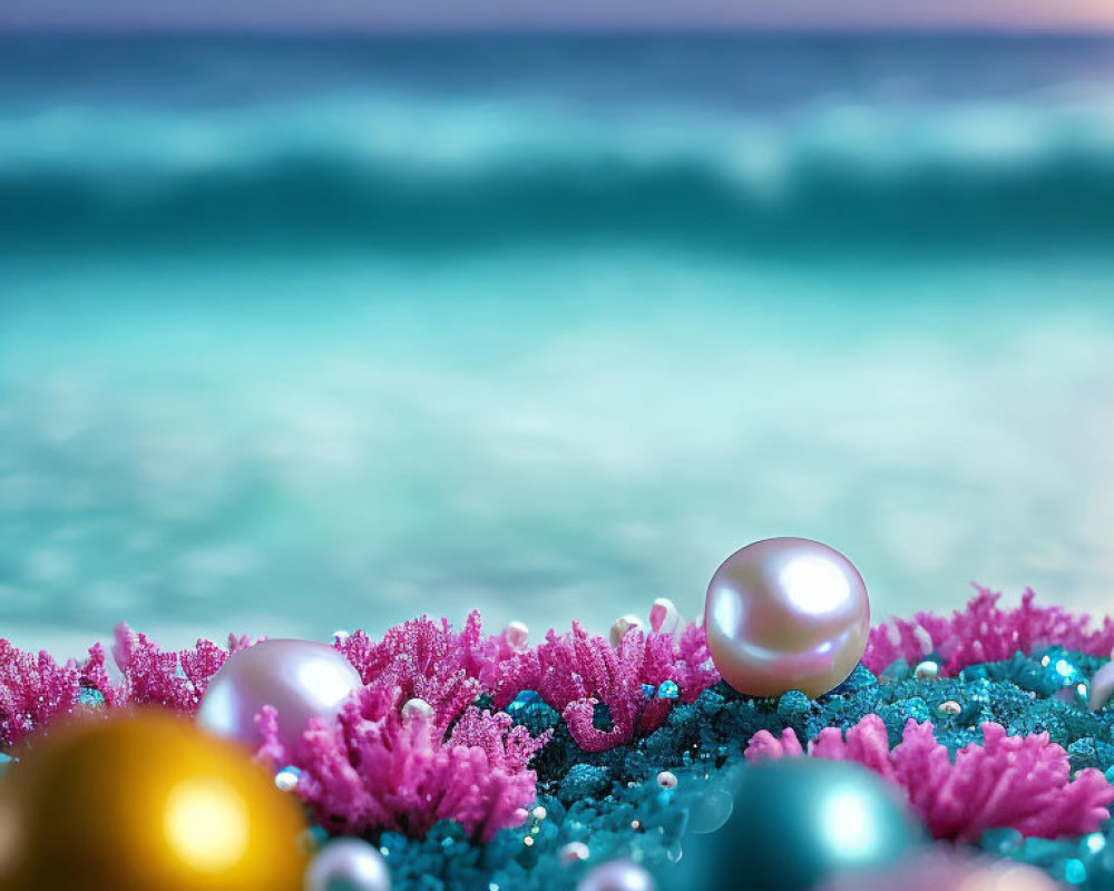 Ornamental spheres and pearls on pink coral with turquoise sea backdrop