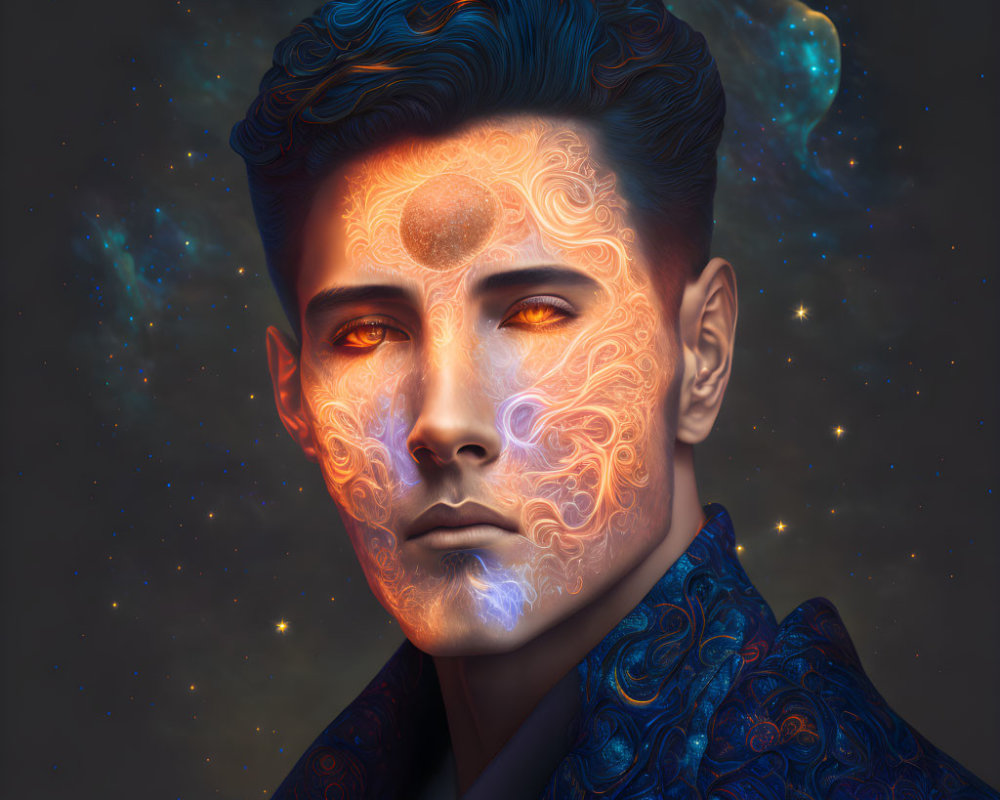Man's portrait with cosmic patterns and glowing symbols on face in starry space.