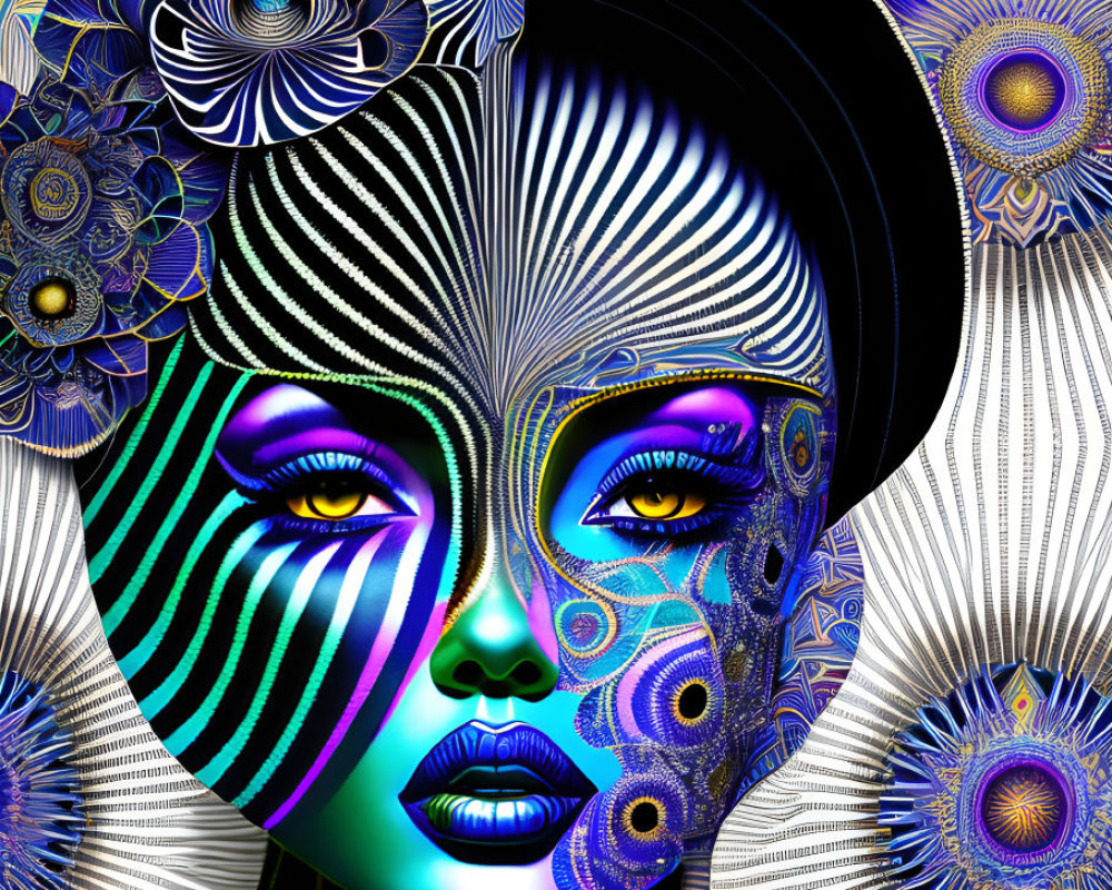 Colorful digital artwork: Woman's face with neon patterns on black background