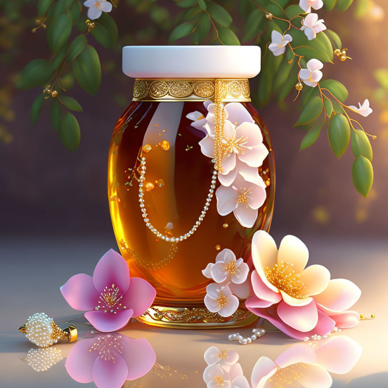 Jar of Honey with Flowers, Pearls, and Gold Dipper on Warm Background