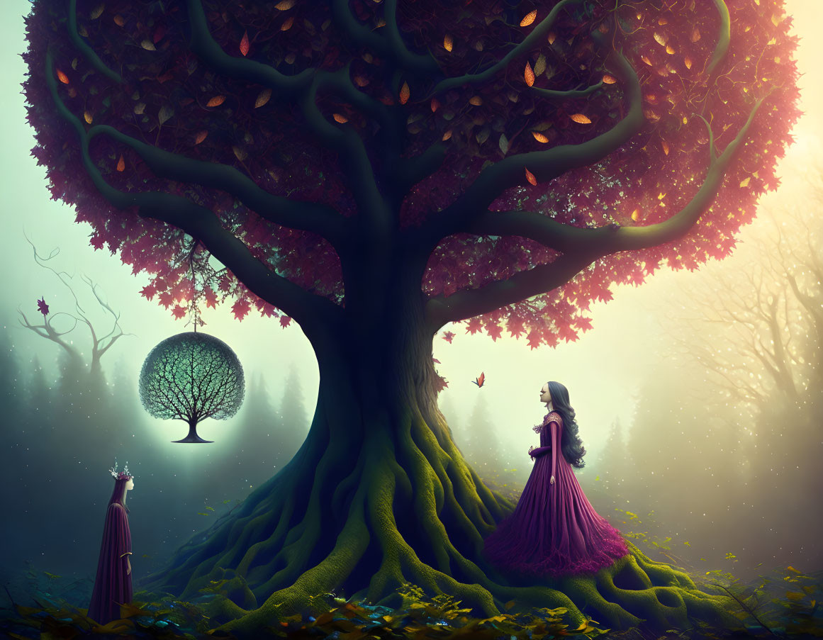 Enchanting forest scene with woman in purple gown and glowing orb tree