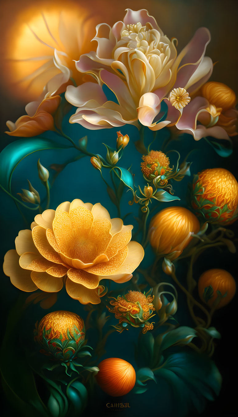 Luminous golden flowers on teal background with soft lighting