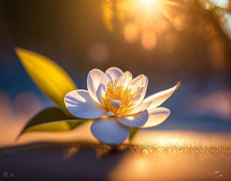 White Flower with Yellow Stamens in Warm Sunlight and Bokeh Background