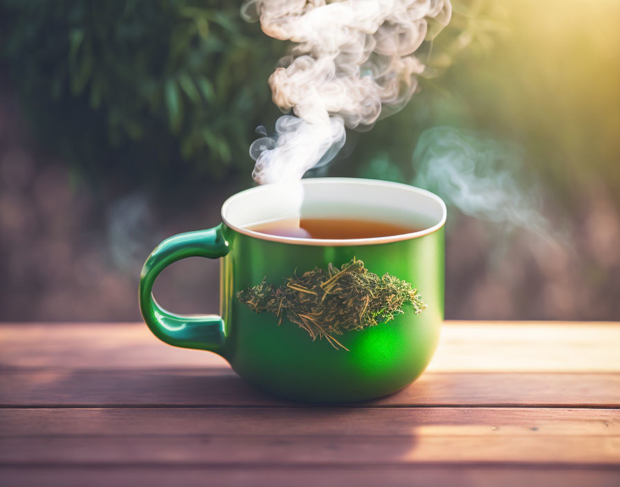 Green mug with steam and herbs on wooden surface against greenery background