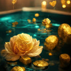 Luminous golden flowers on teal background with soft lighting