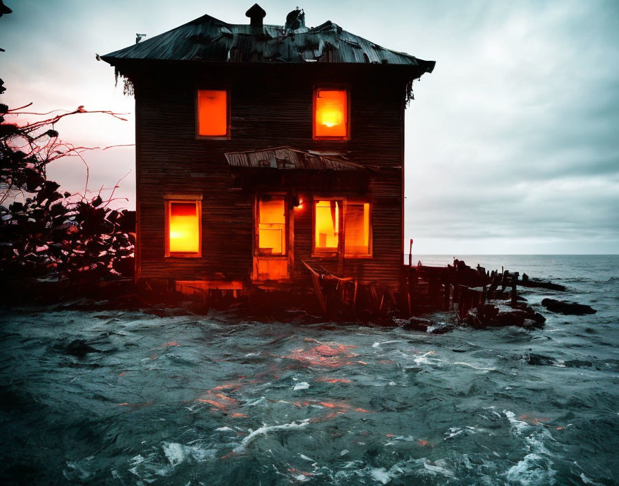 Abandoned two-story house by turbulent sea under overcast sky