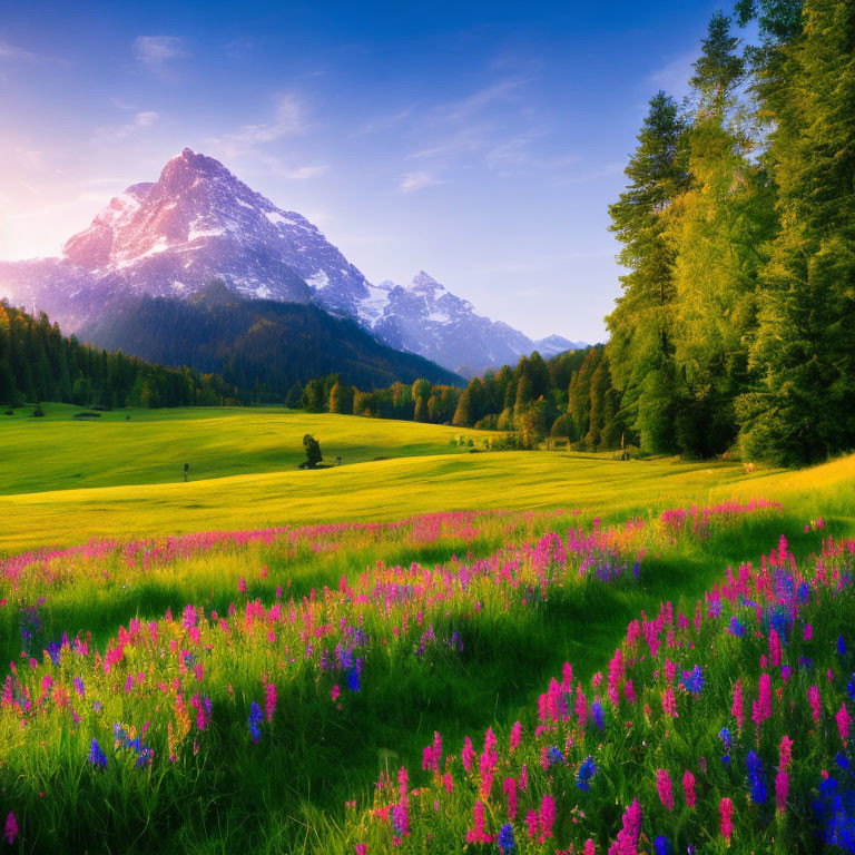 Scenic alpine meadow with purple flowers, green grass, trees, and snow-capped mountains