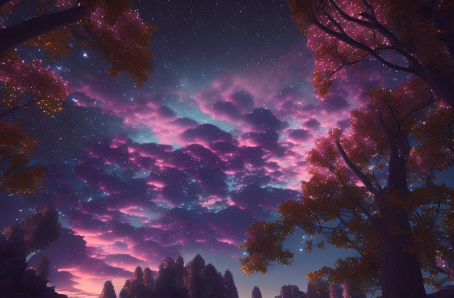 Starry nightscape with purple and blue sky and silhouetted trees.