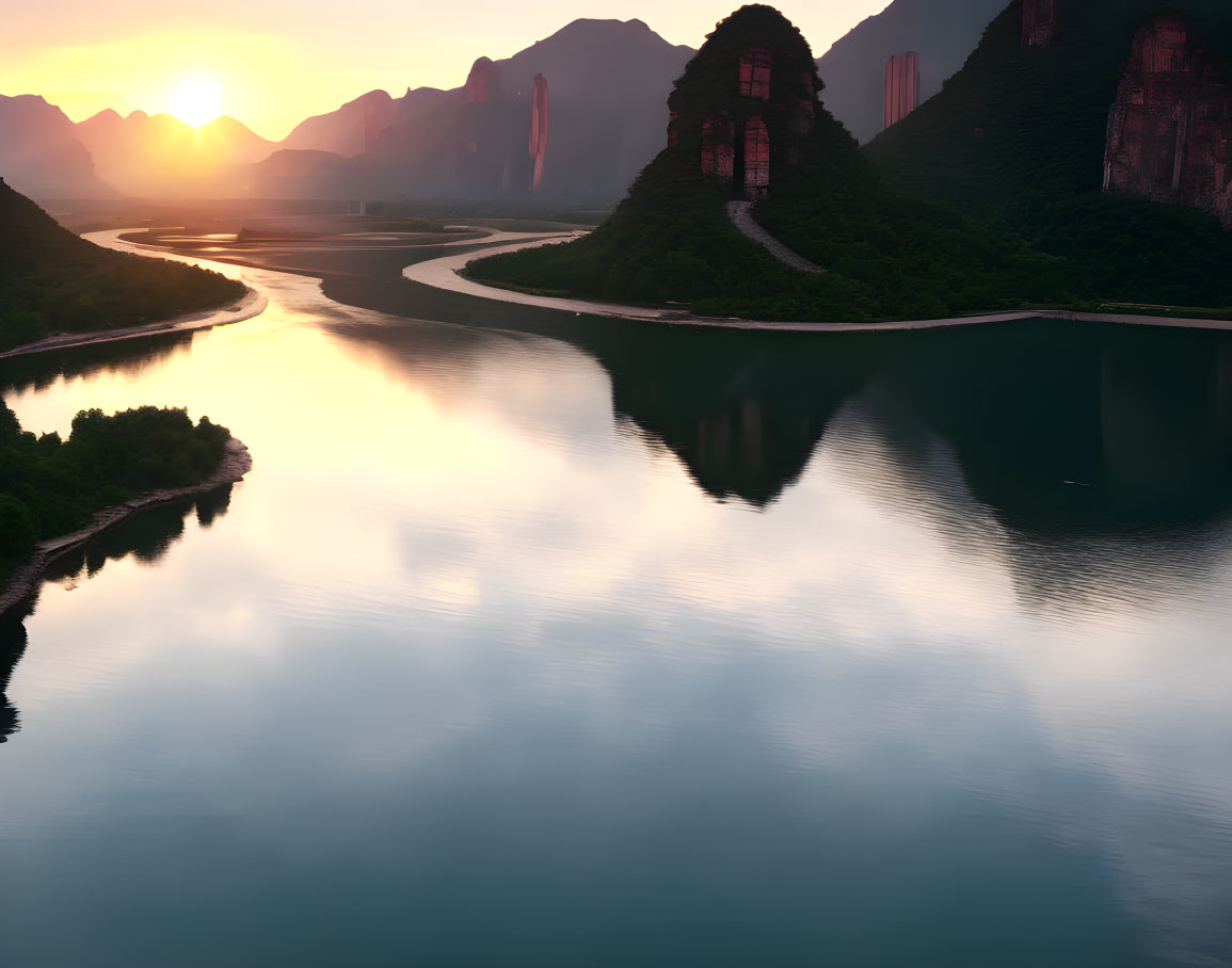 Tranquil sunset scene with river, mountains, and pagoda silhouette