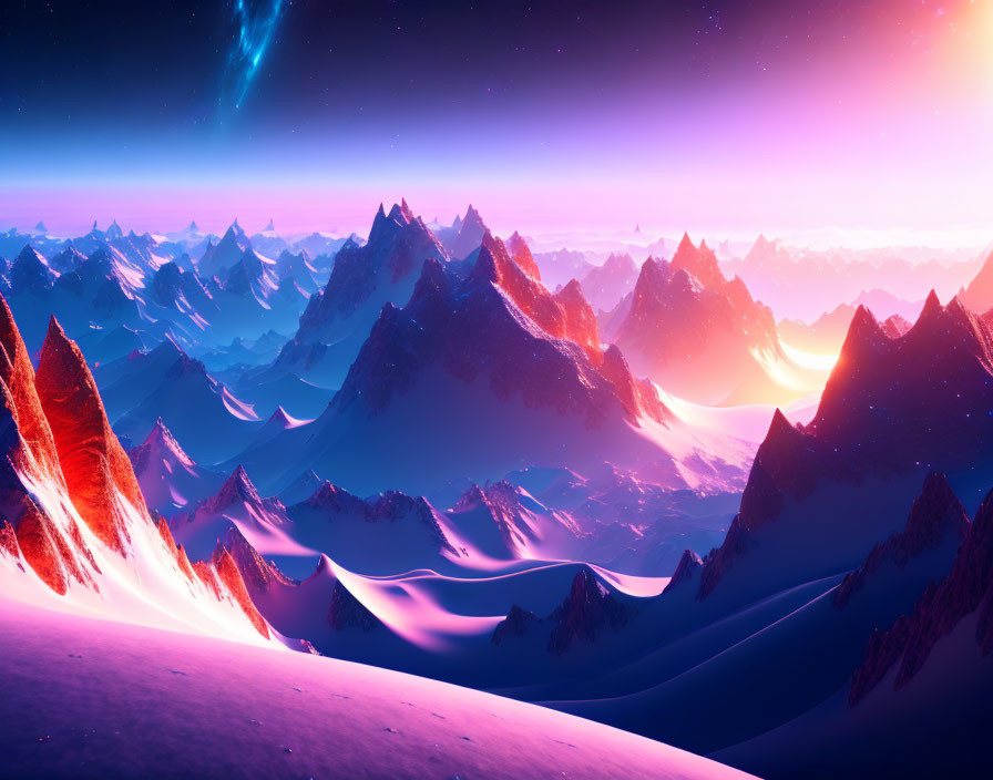 Surreal snowy mountain peaks under starry sky with nebula