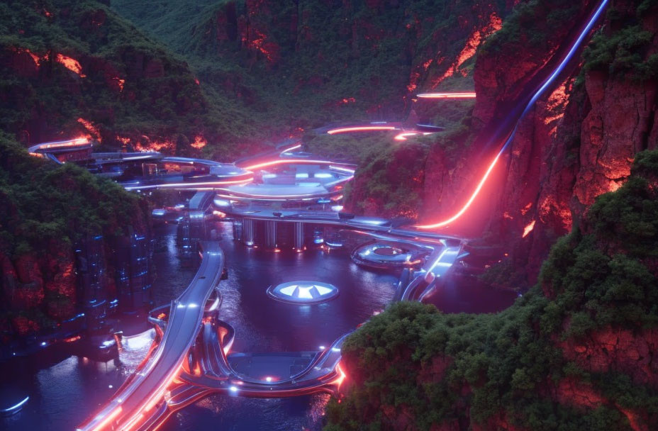Futuristic Cityscape in Lush Mountain Valley with Neon Lights