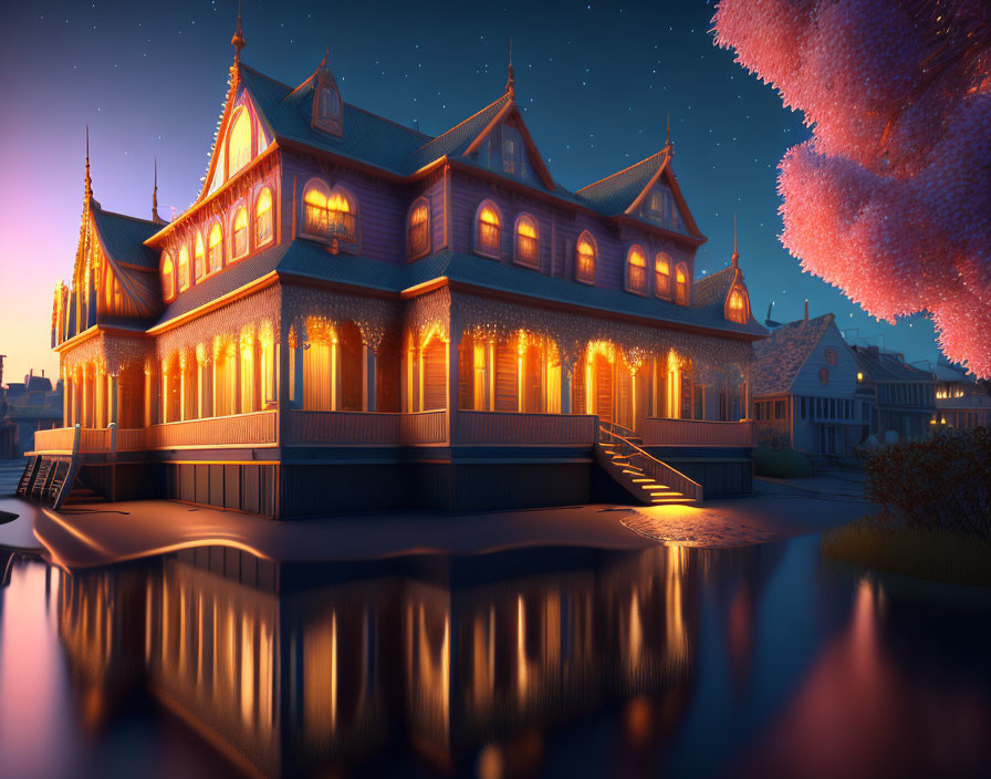 Victorian house with glowing lights by water at twilight