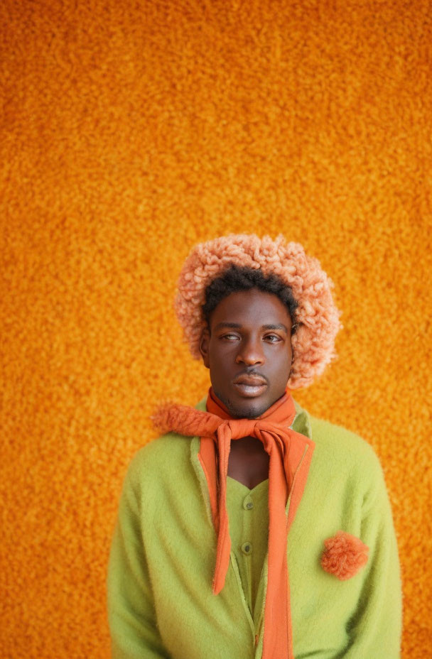 Curly-Haired Person in Green Coat with Orange Scarf on Textured Background