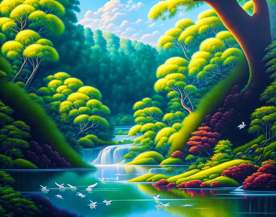 Fantastical landscape with lush greenery, waterfalls, lake, birds, and oversized trees