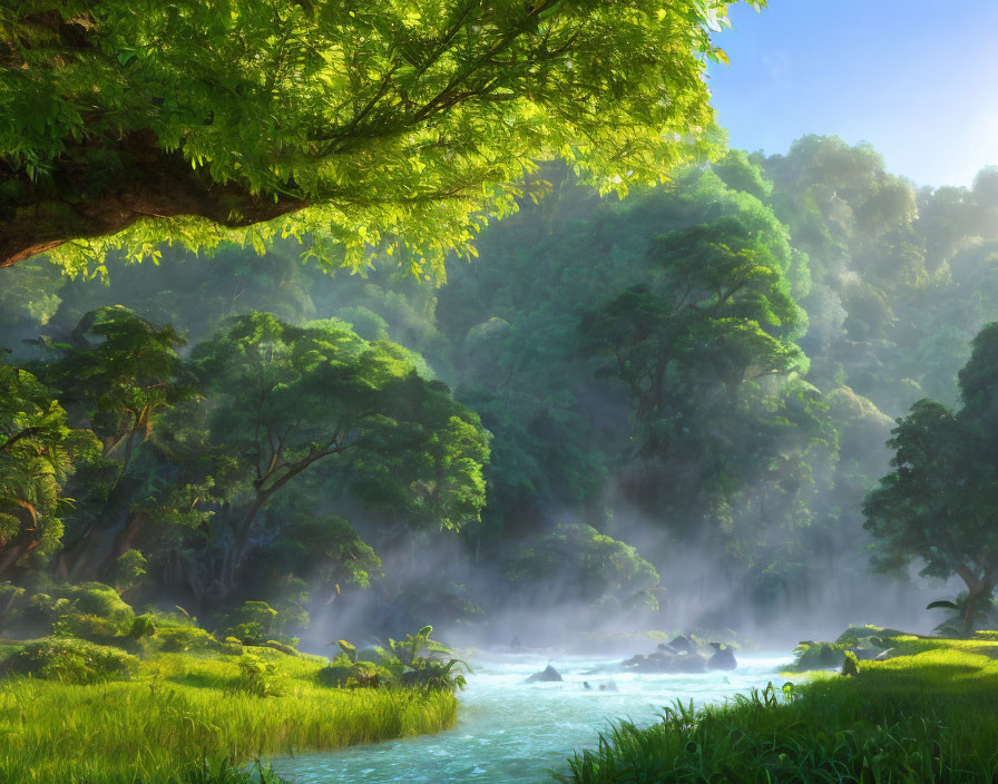 Serene river in lush green forest with mist and sunlight
