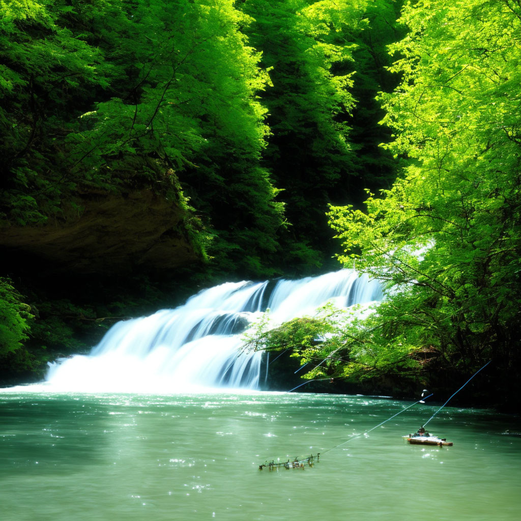 Tranquil waterfall scene with lush greenery and ducks in pool