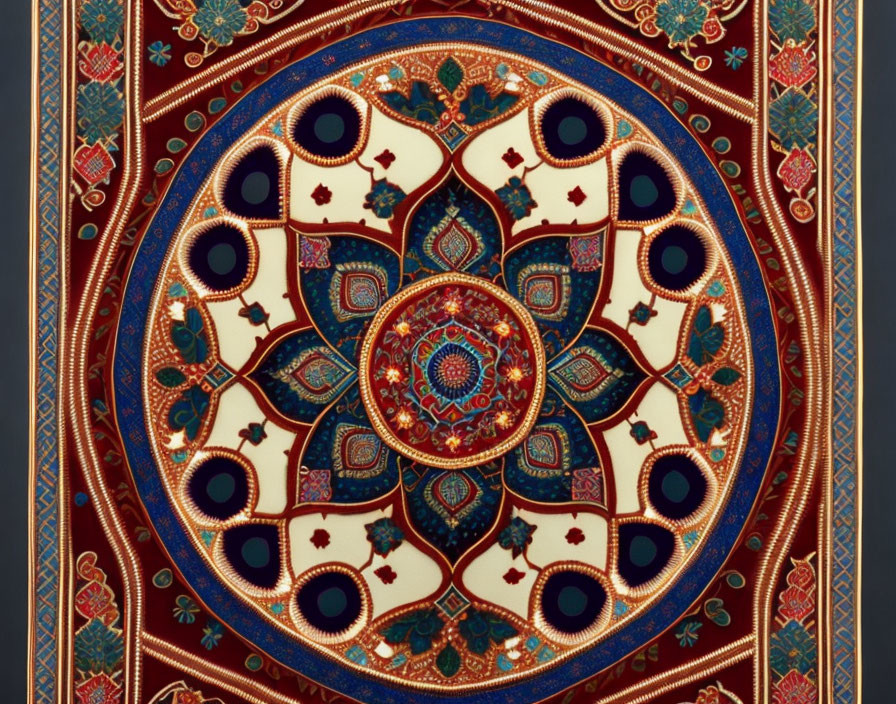Symmetrical traditional mandala design in blue, red, and gold colors