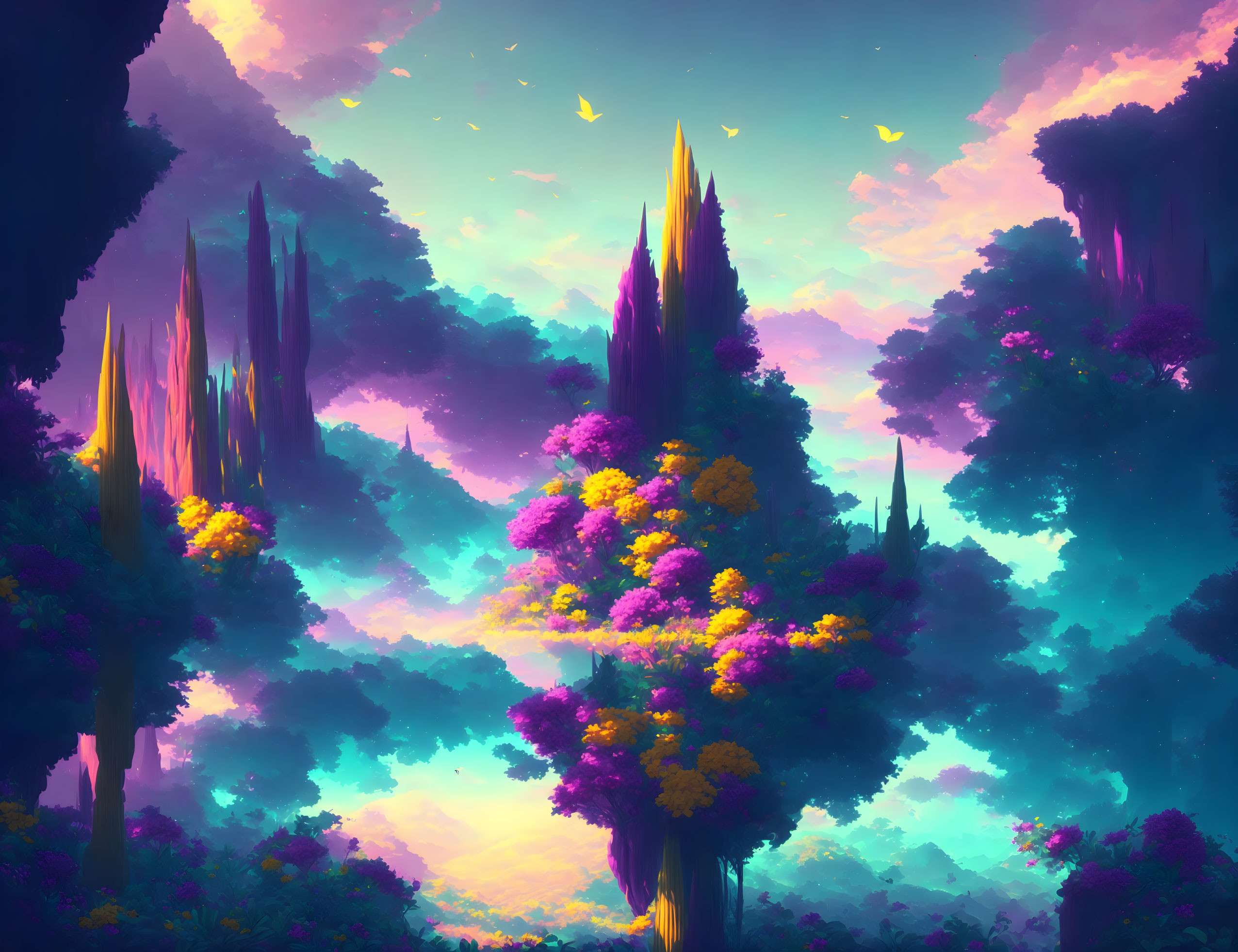 Majestic fantasy forest with vibrant colors under dreamy sky