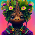 Colorful creature with tree-like face and vibrant accessories on gradient backdrop