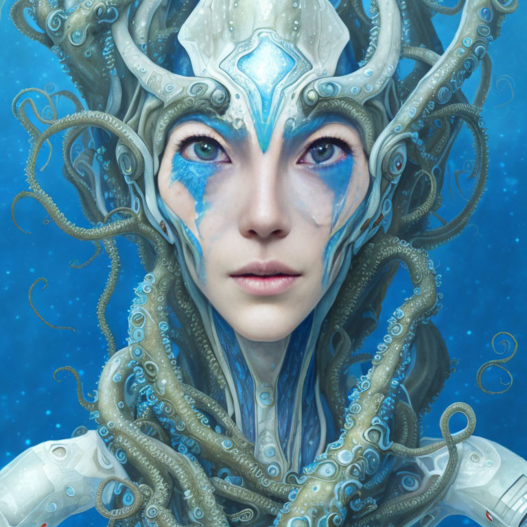 Fantastical female figure with tentacles in hair on blue oceanic backdrop