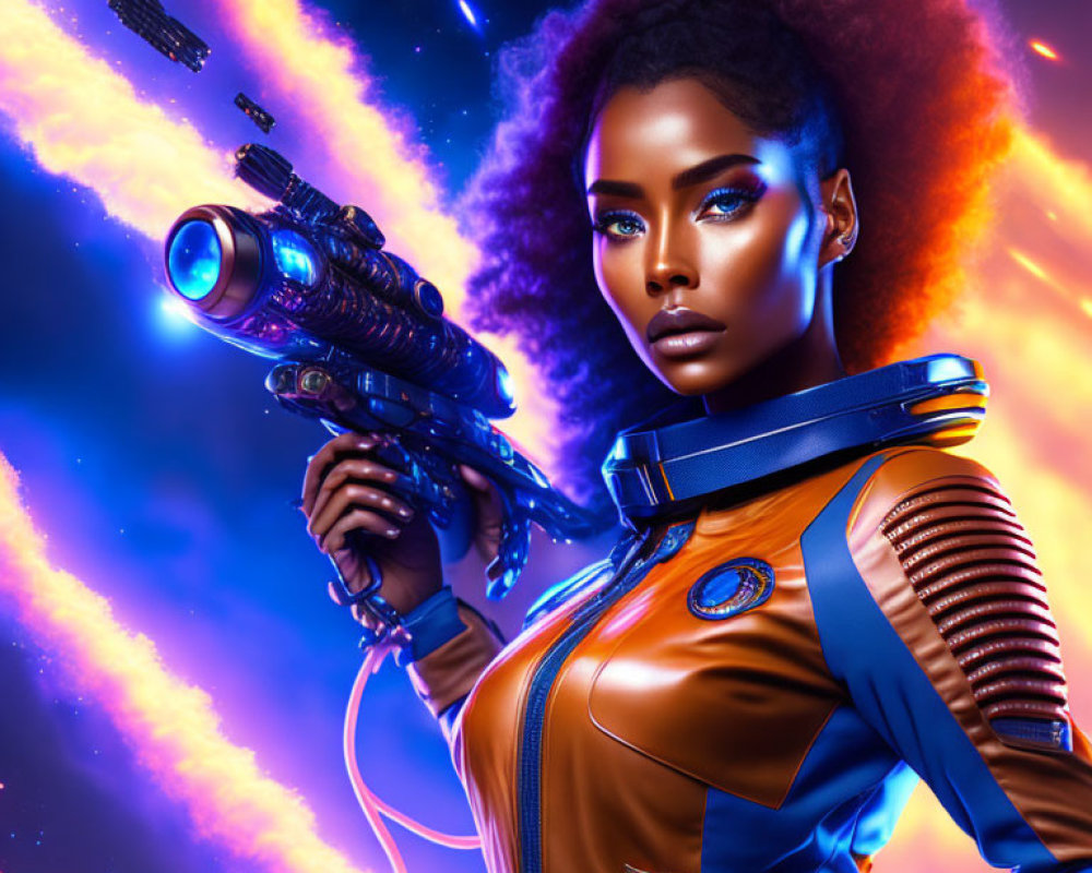 Futuristic female warrior with afro and plasma rifle in orange space suit against cosmic backdrop