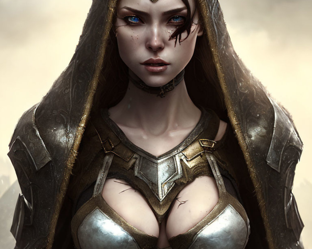 Digital artwork: Woman in fantasy armor with blue eyes, dark hair, and regal headpiece against