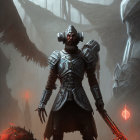 Bearded man in futuristic armor with chain weapon in chaotic setting