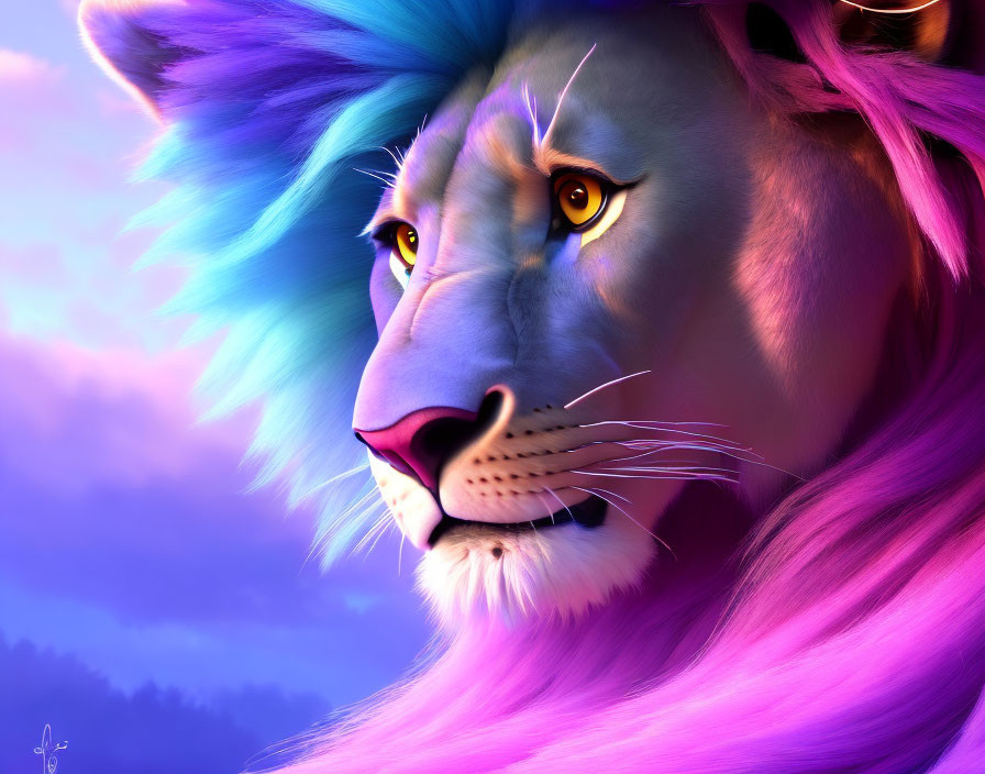 Colorful Lion Illustration with Blue and Purple Mane against Purple Background