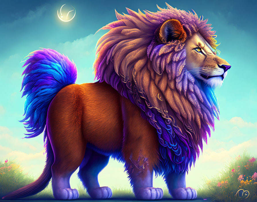 Stylized lion with orange mane and blue-tipped tail against colorful sky.