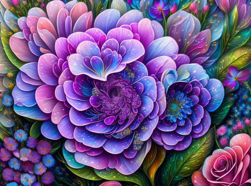 Colorful digital art featuring stylized blue and purple flowers with intricate petals and sparkling accents.