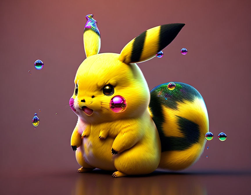 Colorful 3D Pikachu with glossy texture in bubble-filled scene