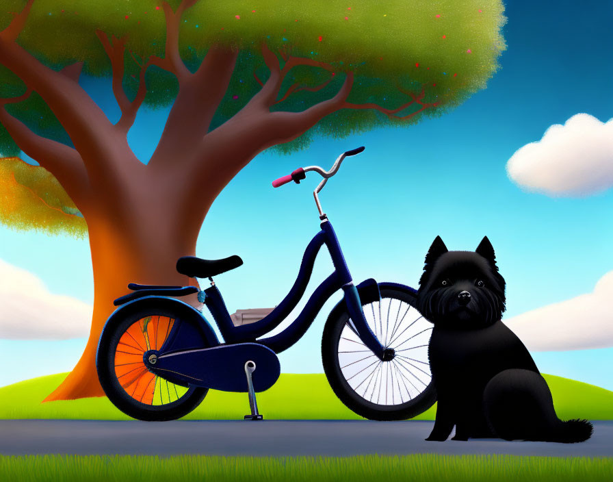 Black dog beside blue bicycle under tree with red blossoms on bright blue sky background