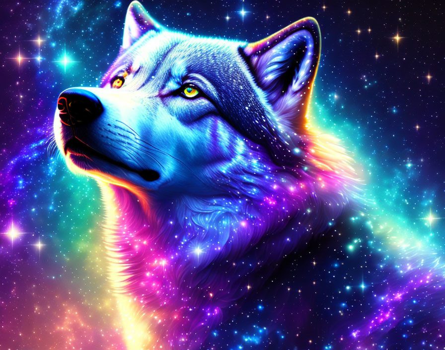 Colorful Wolf Head Artwork Against Cosmic Background