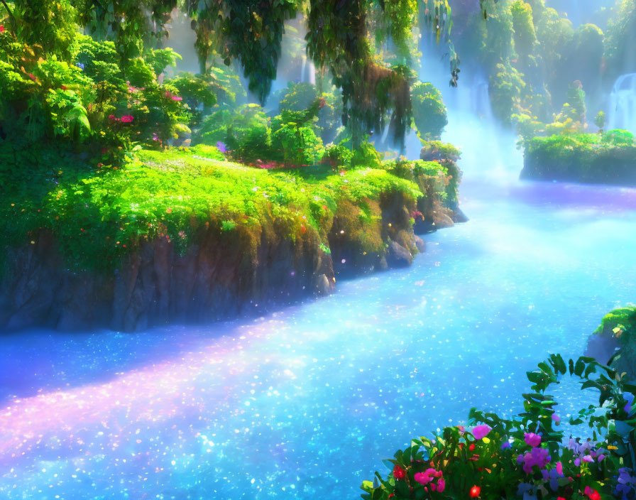 Ethereal landscape: sparkling waterways, lush greenery, radiant flowers, cascading waterfalls