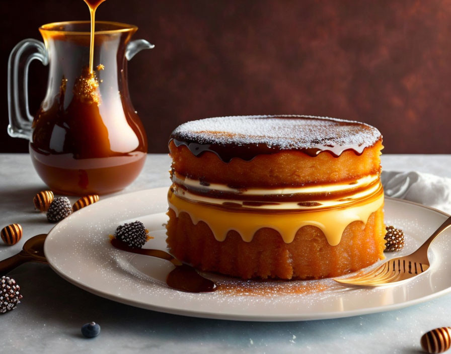Layered sponge cake with caramel drizzle, jug pouring caramel, berries, and gold cutlery