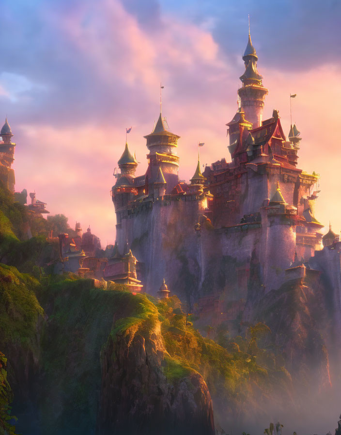 Majestic castle on steep cliff at sunrise with lush greenery