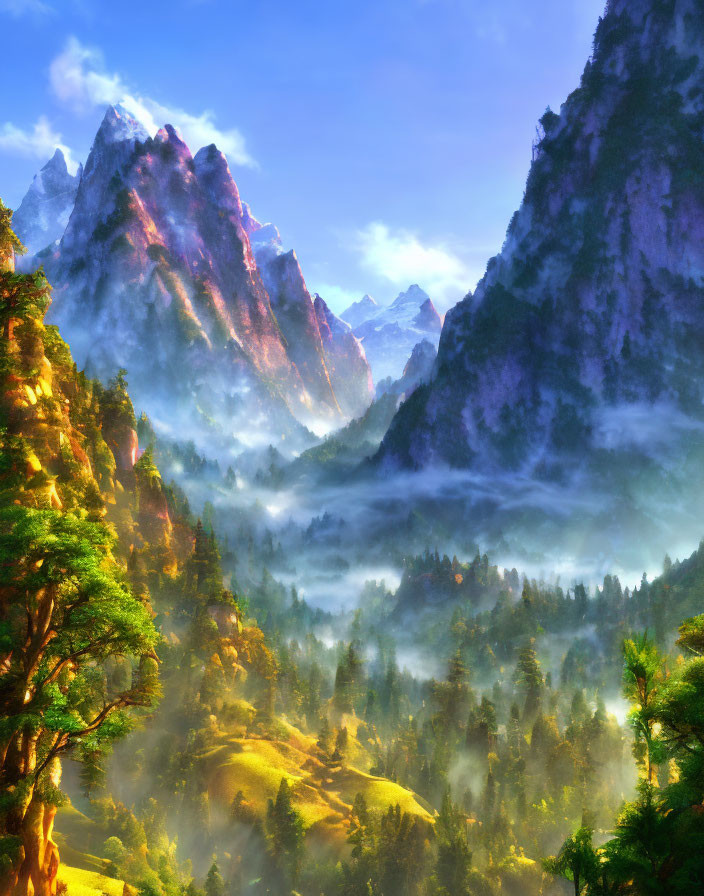 Sunlit Mountain Landscape with Misty Valleys & Rugged Peaks