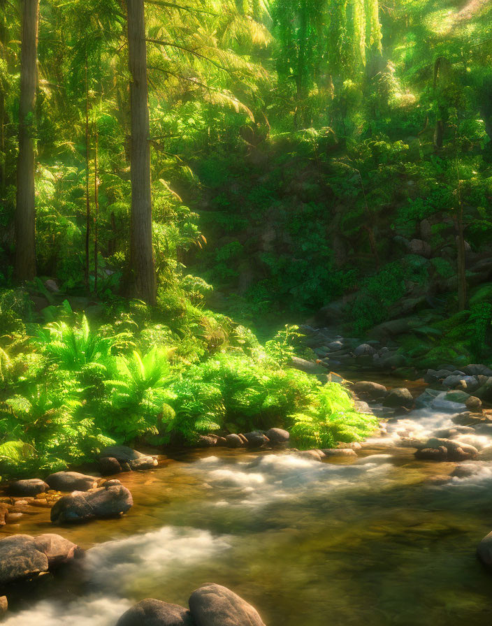Lush green forest with sunlight filtering through, illuminating ferns and serene stream