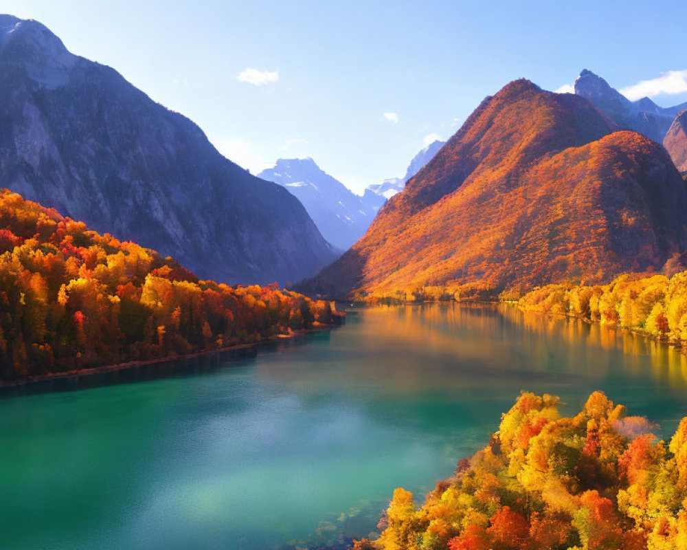 Tranquil lake with turquoise waters, autumnal mountains, and vibrant trees