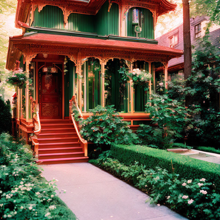 Victorian-style House with Green Trim, Red Stairs, and Lush Garden