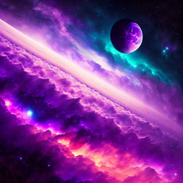 Colorful cosmic scene: purple planet, glowing horizon, stars, nebula-filled space