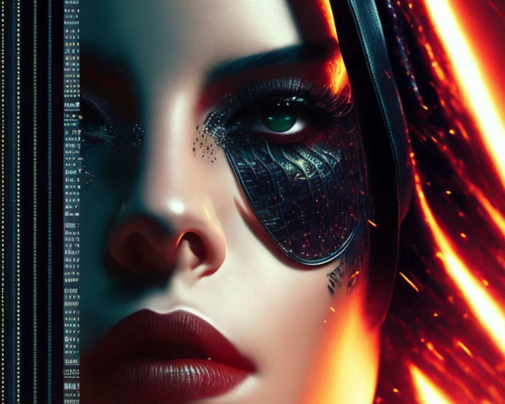 Futuristic cybernetic eye portrait with headphones and digital data backdrop