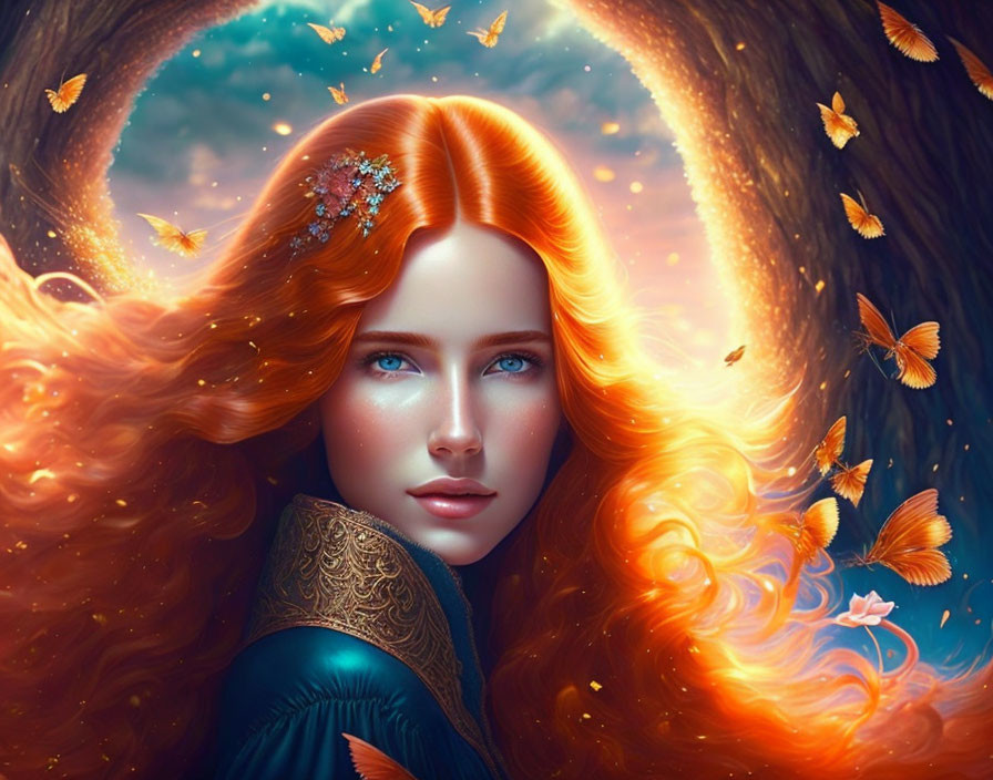 Digital art portrait: Woman with red hair, butterflies, celestial backdrop