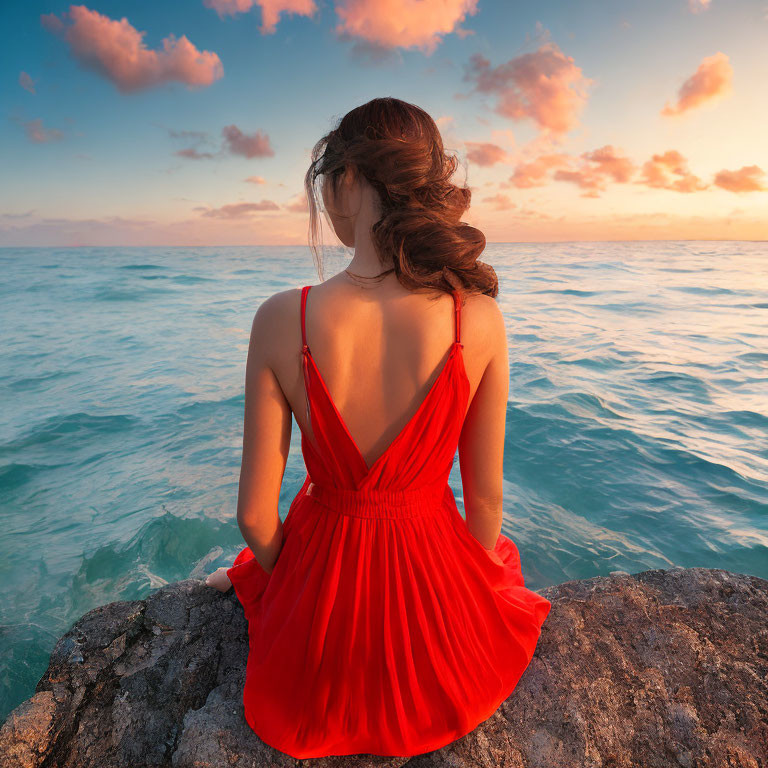 A woman in a red dress with her back to the sea