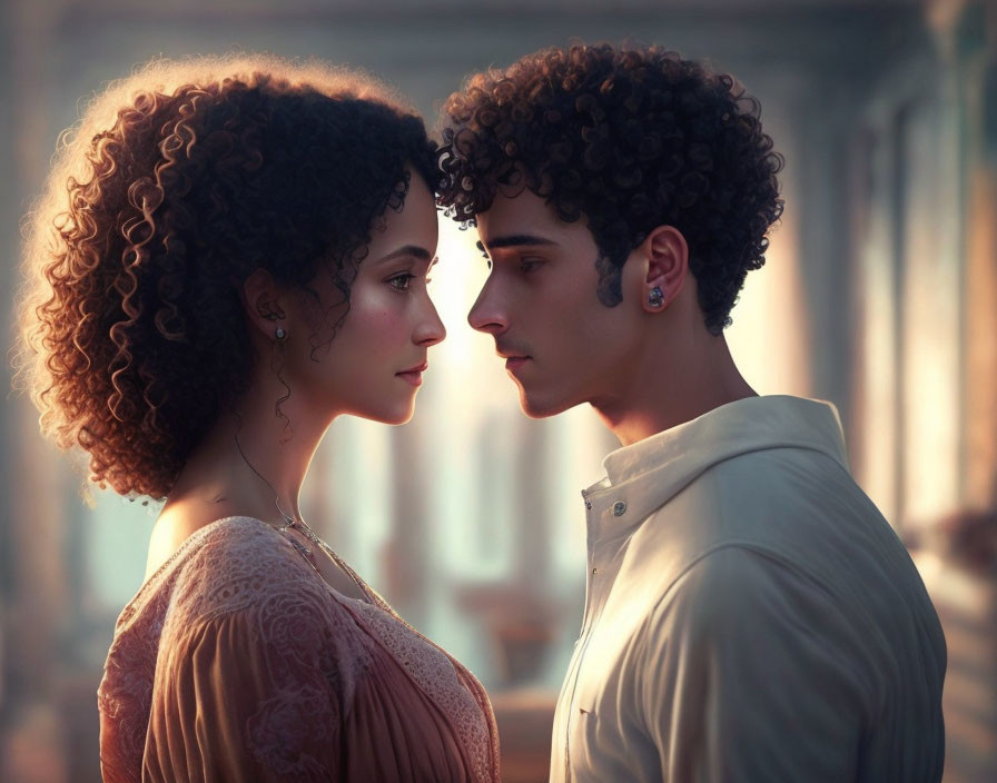 Curly-haired individuals in warm lighting against blurred architecture.